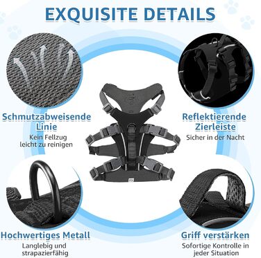 Шлейка для собак маленьких та середніх порід, легка та дихаюча, не тягне, з ручкою, світловідбиваюча, нейлон, з переднім кріпленням, для прогулянок та повсякденного використання, чорна, розмір S