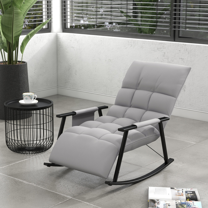 HOMCOM Rocking Chair with Adjustable Backrest & Footrest, Side Pocket, Microfiber Upholstery, Metal Frame, Grey