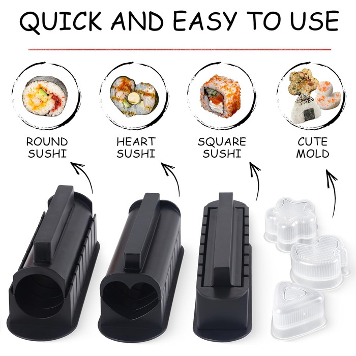 Набір для приготування суші, 20 предметів, для початківців, з формами для ролів, виделкою, ножем, килимком для скручування, палочками, повний комплект (Чорний)