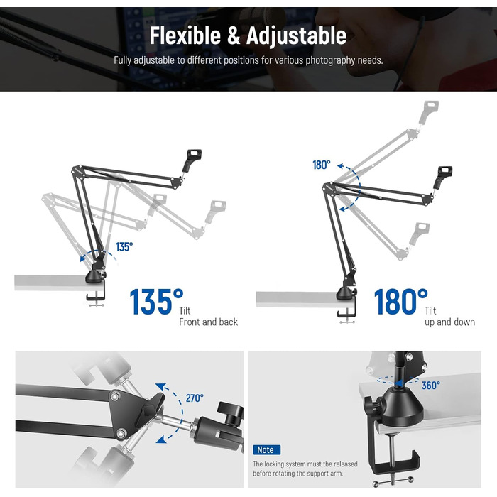 Тримач для мікрофона Neewer NW-35A: підвіс-боом, шарнірний кріплення, сумісний з Blue Yeti, Quadcast та іншими мікрофонами (до 1.5 кг)