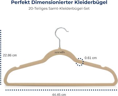 Серія з 10 вешалок для одягу SereneLife з оксамиту – економія місця, неслизькі, поворотний гачок 360°, для зберігання та організації одягу, 10 шт. (кремовий, 20 шт.)