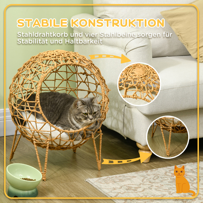 Pawhut Rattan Cat Cave Bed with Cushion - Elevated Design, Brown, 18