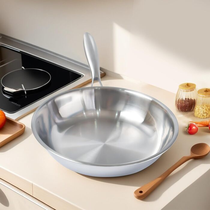 Пательня нержавіюча сталь 28 см, індукційна, довговічна, з ручками з нержавіючої сталі, легке очищення для всіх плит