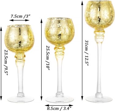 Romadedi Tealight Holder Candle Stand Glass - Lantern Tealight Holder Decoration Queck 3-Piece Set 23.5/25.5/31.5 cm for Tealights, Votive Candles, Pillar Candles, Living Room Table Decoration, Wedding (Gold)