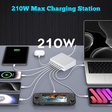 Зарядний пристрій USB-C 210W, багатопортовий (6x USB-C + 2x USB-A) PD 3.0 для iPhone, MacBook, Samsung Galaxy, планшетів - сріблястий