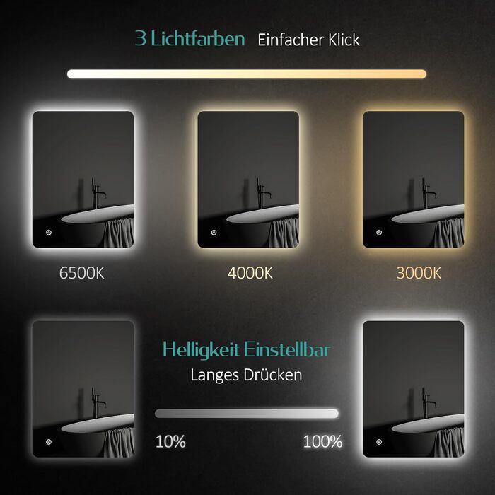 Дзеркало для ванної кімнати EMKE з підсвічуванням 50x70 см, проти запотівання, 3 кольори світла, диммування, сенсорне управління, функція пам'яті та автоматичне вимкнення через 3 години