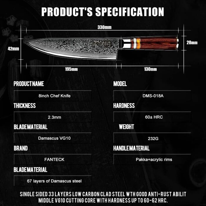 Професійний кухонний ніж FANTECK Gyuto 20 см з дамаської сталі VG-10, 67 шарів, японський шеф-ніж із руків'ям з пакка-дерева у подарунковій коробці
