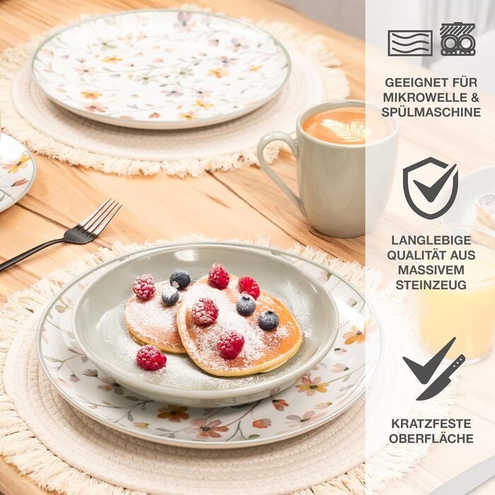 Набір посуду Moritz & Moritz PRIMAVERA з кераміки на 6 осіб (24 шт.) - сучасний сервіз з ігровим дизайном, легкий у догляді, з тарілками, мисками та чашками