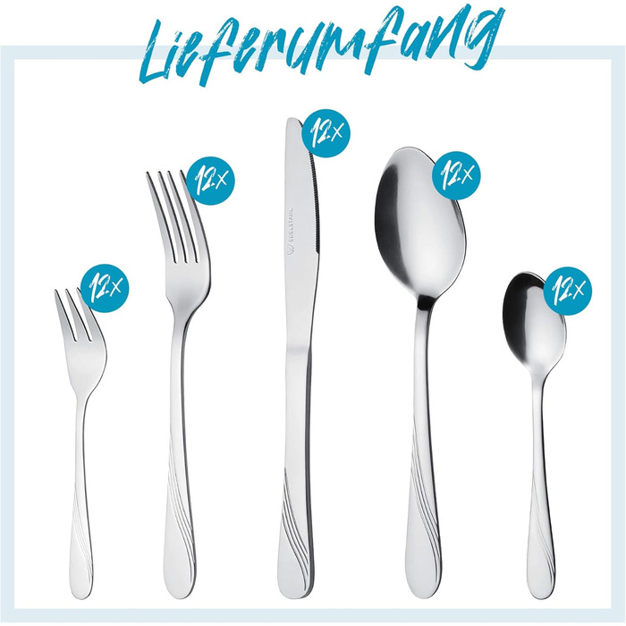 GRÄWE Cutlery Set for 12 People, 60-Piece - Stainless Steel Table Cutlery, Rust-Proof, Nickel-Free - STRALSUND Series