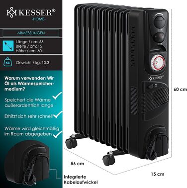 Електричний масляний радіатор KESSER® 2500W з вентилятором, 11 ребер, таймер, термостат, захист від перегріву, білий/чорний
