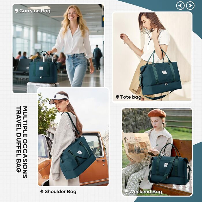 Спортивна сумка для жінок 45x36x20 см: Travel Bag, Duffle Bag, Weekender Bag, фітнес-сумка, валіза для ручної поклажі Easyjet, водонепроникна сумка для плавання, з відділенням для взуття, L2-Зелений, A04-Армійський зелений (A03-Півнячий блакитний, вакуумн