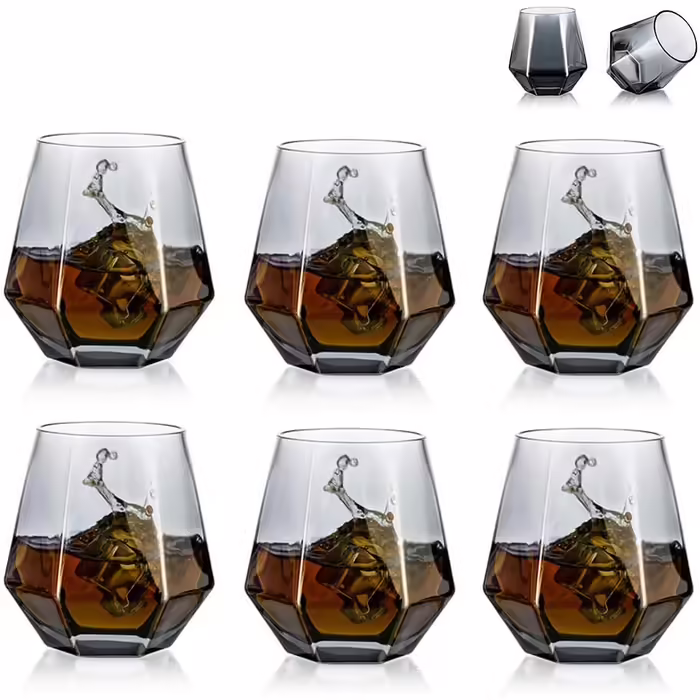 Diamond Whiskey Glasses 2-Piece Set, Tilted Scotch Glasses 300 Ml, Modern Look Whiskey Glasses for Men, Women, Dad, Husband, Friends, Glassware for Bourbon/Rum/Bar Tumbler, Smoke Gray 2