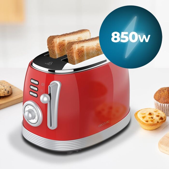 Тостер Cecotec Toaster 2 Scheiben Toast&Taste 1000 Retro Double: 980 Вт, 2 слоти, нержавіюча сталь, регулювання потужності, піддон для крихт (червоний)