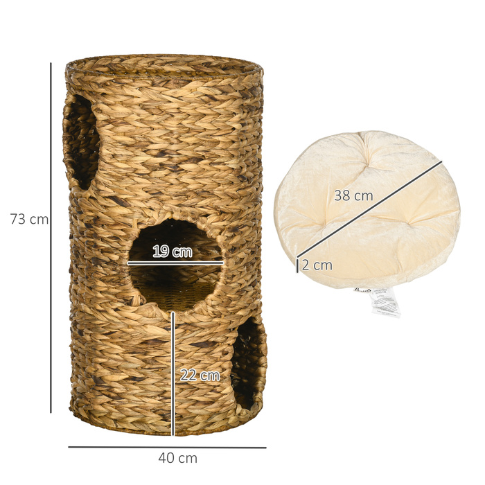 PawHut Cat Tree 73cm 3-Tier with Water Hyacinth and Steel Cushions, Light Brown for Cat Lovers