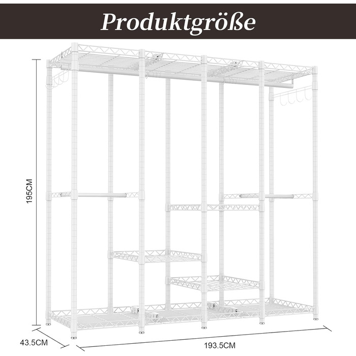 Відкритий шафа-система AQRA з регульованими полицями та штангами для одягу, чорний (193.5 x 43.5 x 195 см)