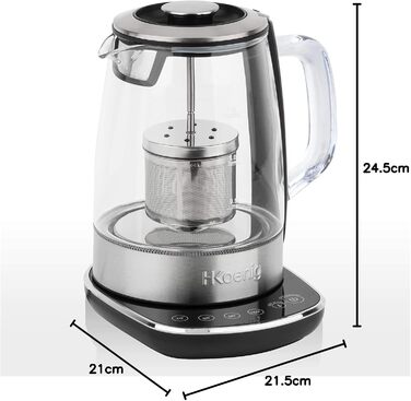 H.KOENIG TI600 Instant T Teapot Electric Kettle 1.5L, 1.5 liters, Stainless Steel/Glass
