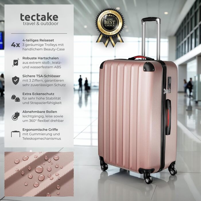 Набір валіз Tectake 4 шт. з відстібними колесами 360°, валізи з жорсткою оболонкою та TSA замком, велика валіза з роздільником, ручна валіза, телескопічна ручка - шампань (рожеве золото)