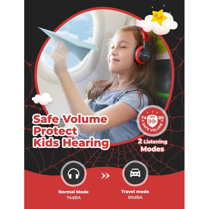 iClever Бездротові навушники для дітей з LED-підсвіткою, Over-Ear, Bluetooth 5.2, мікрофон, BTH12 (Чорний/Червоний)