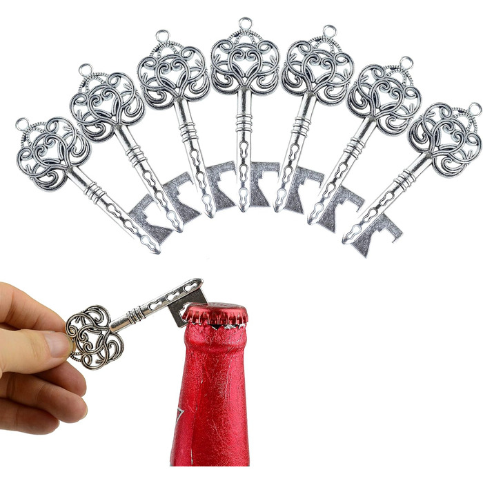 Makhry 50 Pcs Vintage Key Bottle Openers Wedding Key Skeleton Key Bottle Openers Wedding Favors Set with Pillow Boxes and Tag (Antique Silver)