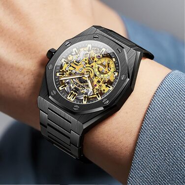 Чоловічий механічний годинник OLEVS Gold Skeleton: автоматичний підзавод, сталь, водонепроникний, з діамантами та підсвіткою (6669 Schwarz)