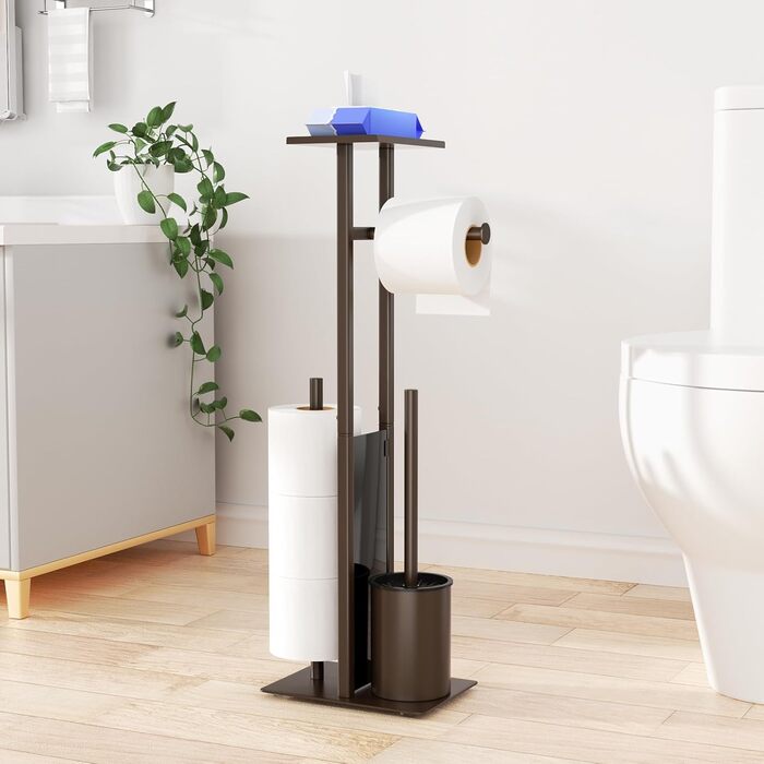 Stainless Steel Toilet Paper Holder with Brush - Freestanding Toilet Paper Roll Holder with Tray & Glass Shelf (Matte Brown)
