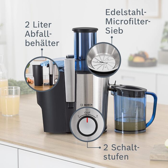 Центрифужна соковижималка Bosch VitaJuice 2 MES25A0 для овочів та фруктів, 700 Вт, XL завантажувач, сіра