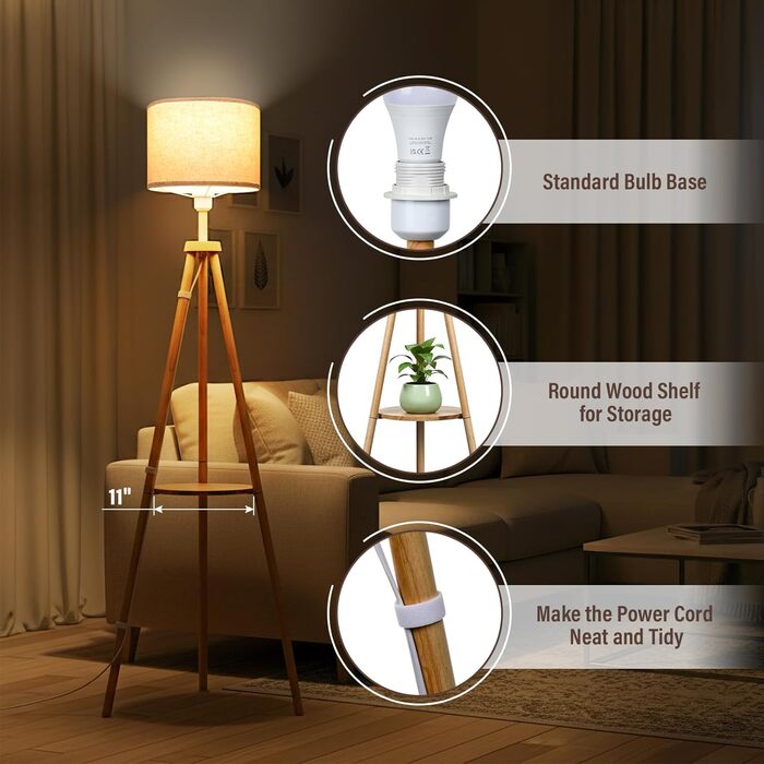 Стельова лампа для вітальні з полицею, дерев'яна LED-стійка лампа з регулюванням яскравості, тринога, 3 колірні температури, таймер на 30/60 хвилин, абажур, вимикач на корпусі для вітальні, спальні, офісу.