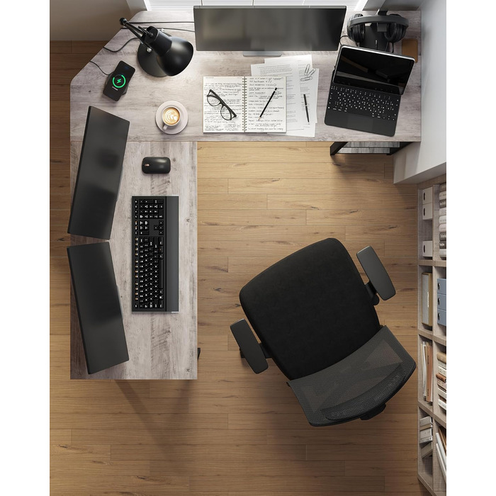 VASAGLE Desk, L-Shaped Computer Desk, 138 x 138 x 76 cm, Corner Desk with 2 Shelves, Space-Saving Office Desk, Gaming, Home Office, Easy Assembly, Greige-Black LWD72MB Greige + Black