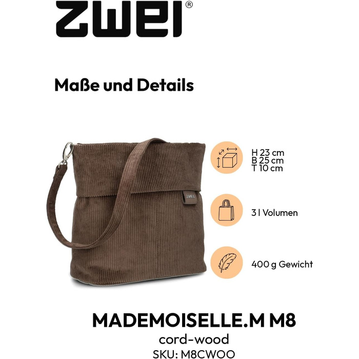 Сумка жіноча Zwei Damen Mademoiselle.M M8 крос-боді з екошкіри з потайною кишенкою та головним відділенням на блискавці, з коротким та довгим знімним ремінцем (Cord-wood)