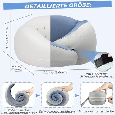 Memory Foam Travel Pillow with Storage Box - Orthopedic Neck Pillow for Airplane, Car, Train - Bluegray Ice Silk