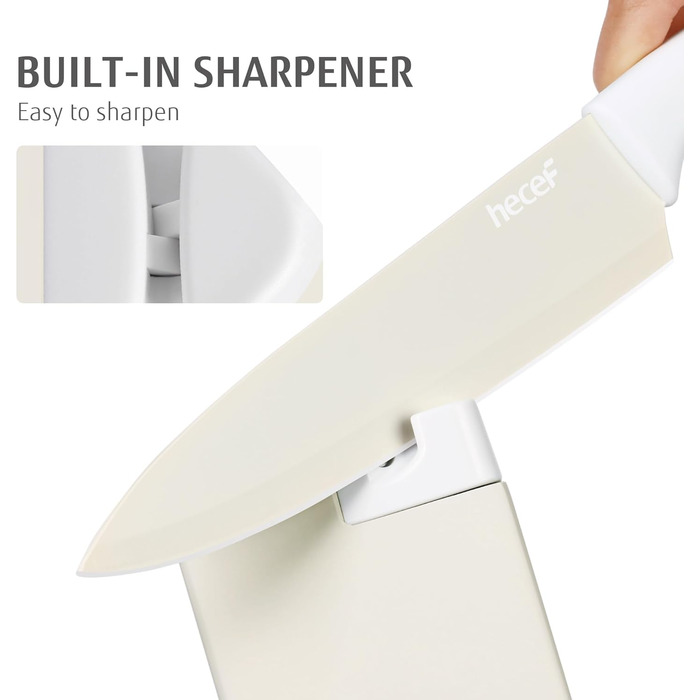 Набір ножів Hecef 14 предметів з бруском, кремового кольору, з антипригарним покриттям. Самозаточувальний ніжний блок, ергономічні ручки, компактний набір ножів для будь-якої кухні, безпечний для миття в посудомийній машині.