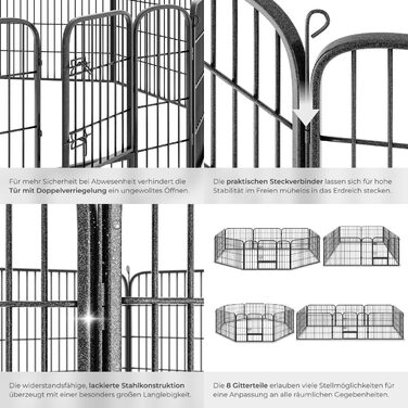 Турнік для цуценят Tectake 60 см, 8 гратуарів, переносний вольєр для тварин, вольєр для собак, котів, кроликів, морських свинок, для дрібних тварин - чорний 402502