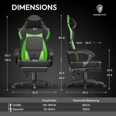 Ігровий крісло Dowinx Racing з підтримкою попереку, ергономічний геймерський крісло з PU шкіри, 150 кг (Зелений)