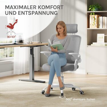 Офісний стілець WOLTU ергономічний з регульованою підголівником та підтримкою попереку, функцією гойдання, для офісу, 150 кг, світло-сірий