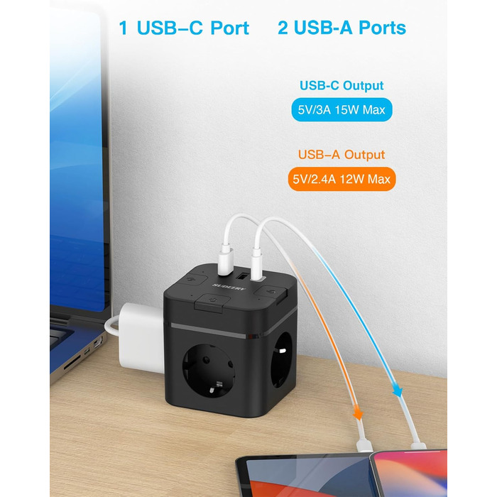 Багатофункціональний USB-розподільник 6 в 1 з USB-C, 3 розетки, індивідуальне вмикання, куб, кабель, для офісу, дому, подорожей (4M, чорний)