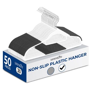 Пластикові вішалки SereneLife 50 шт., білі, з гумовими накладками та поворотним гачком для одягу (сорочок, пальт, штанів, суконь) - економія місця