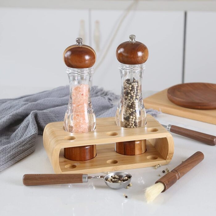 Набір для солі та перцю KKC з дерева, 8 дюймів, з регульованим керамічним механізмом, лопатки та щітка для дому та ресторану