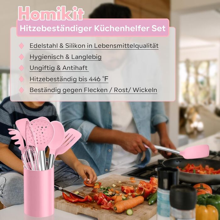 Набір кухонного приладдя Homikit 10 шт. силіконові, з нержавіючої сталі, рожевий - антипригарні, жаростійкі, для посудомийної машини