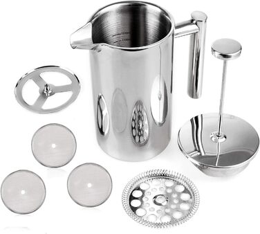 MaxMiuly French Press Coffee Maker 1.5 Liter Stainless Steel, Double-Walled Insulated French Press Coffee Pot with 2 Extra Filters, Silver 1500ml 1500ml Silver