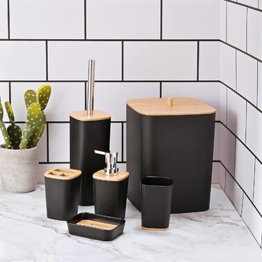 Yorkmills 6-Piece Bamboo Bathroom Accessory Set, Bathroom Accessory Set, Bathroom Trash Can and Toilet Brush Set, Modern Trash Can, Toothbrush Holder Cup, Soap Dish Holder