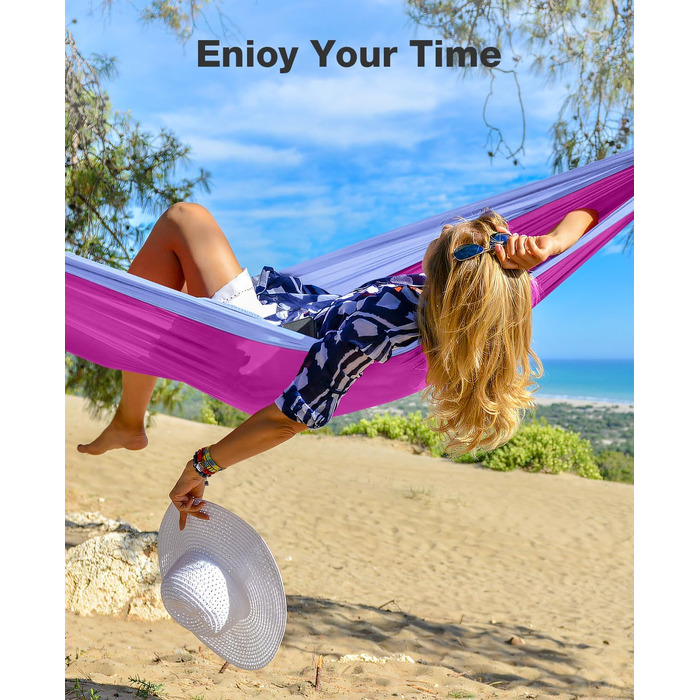 Гамак дорожній подвійний 295x140 см, рожево-ліловий, вантажопідйомність 350 кг - з карабінами та ременями для кріплення
