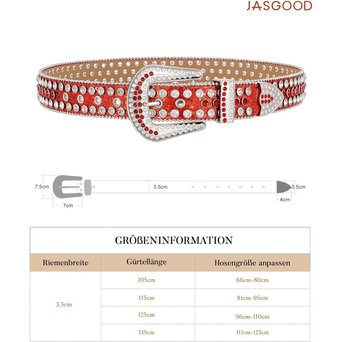 Жіночий шкіряний ремінь JasGood з камінням, в стилі вестерн, ковбойський, з заклепками для джинсів та штанів (Червоний, 135 см - підходить для розміру штанів 111-123 см)