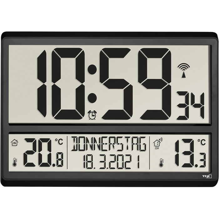 TFA Dostmann Digital XL Wall Clock, 60.4521.01, with outdoor temperature, indoor temperature, weekday (8 languages), radio clock, date, black, (L) 360 x (W) 235 x (H) 28 (84) mm