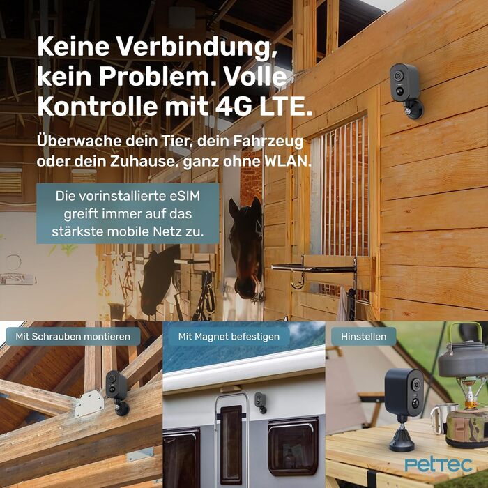 PetTec Pet Cam Buddy: камера для тварин з автоматичним дозатором корму 8L для котів та собак - Wi-Fi, App-керування, 2-Way аудіо, розпізнавання гавкіту, нічне бачення (Outdoor LTE камера з магнітним кріпленням)