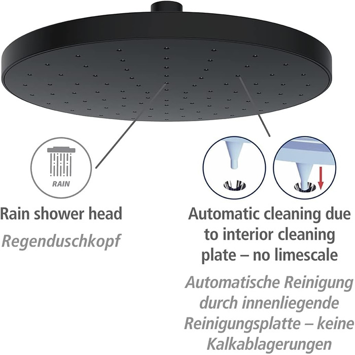 WENKO Rain Shower Head Automatic Cleaning - Anti-Limescale Universal Shower Head with Automatic Cleaning System, Plastic (ABS), 22.5 x 22.5 cm, Silver Glossy, 24000100 (Black)