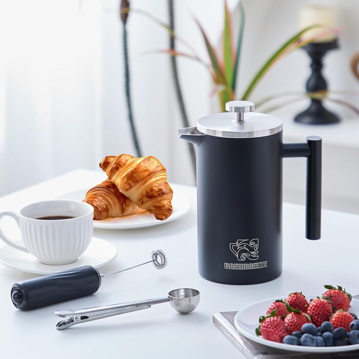 Набір для приготування кави френч-прес, термоізольований, з пітчером для спінювання молока, нержавіюча сталь (чорний, 1 літр)