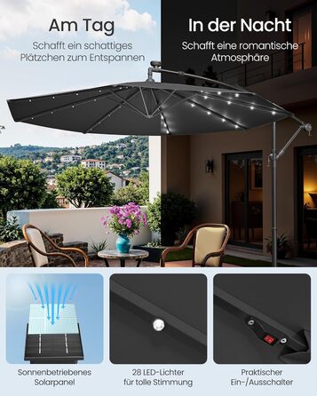 SONGMICS Patio Umbrella with LED Solar Lighting, Market Umbrella 300 cm Diameter, 32 LED Lights, with Stand, Sun Protection Balcony, Balcony Umbrella, UPF 50+, with Crank, for Terrace, Garden, Grey GPU118G01