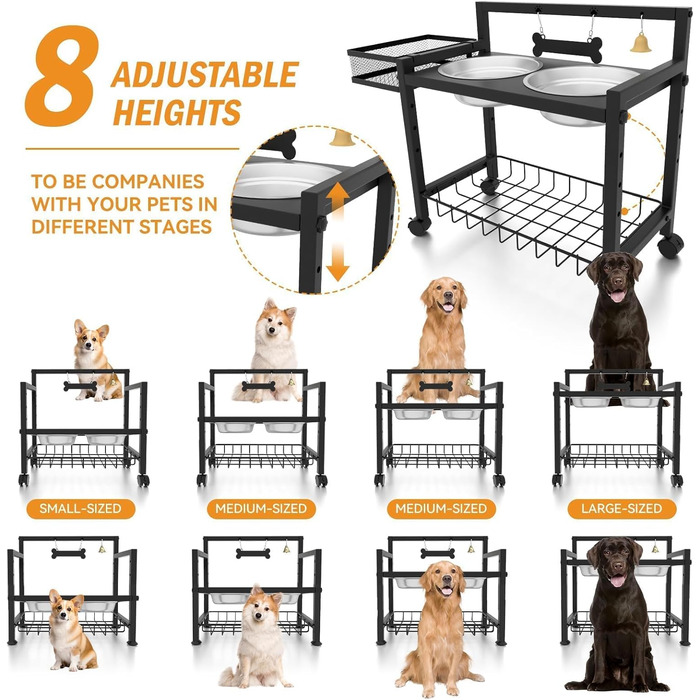 Підвищені годівниці для собак Angeloyang з колесами, з нержавіючої сталі, регульовані, 8 рівнів висоти, 16-36 см, для середніх та великих собак, з повільним дозатором корму та мисками з нержавіючої сталі, з можливістю зберігання та колесами