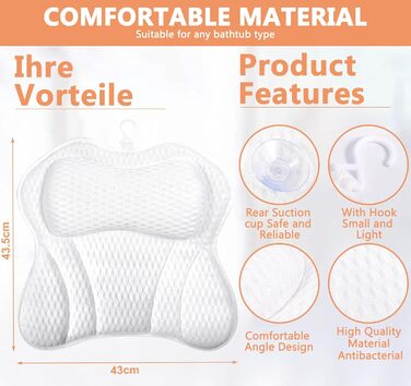 Подушка для ванни з підтримкою шиї та спини, 4D Air Mesh, 6 присосок, 43.5x43см (біла)