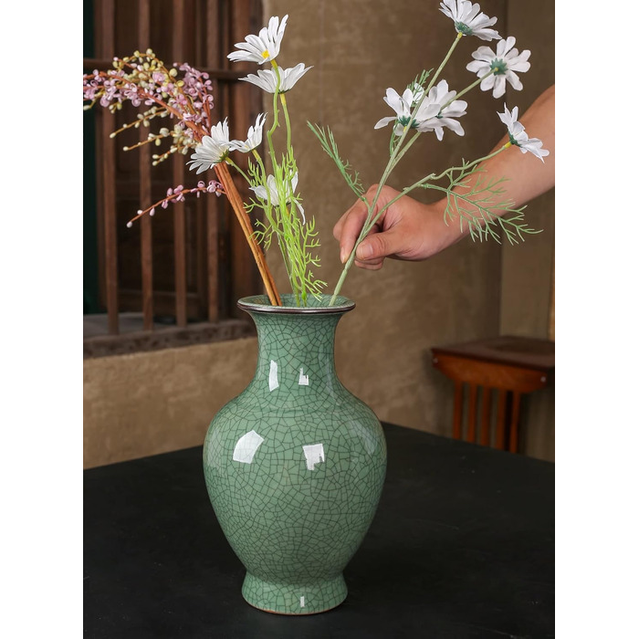 Керамічна ваза ручної роботи, велика, зелена/антична, для вітальні, каміна, декору столу, букетів, пампас, зелена